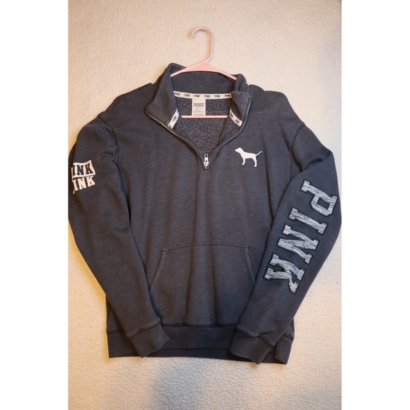PINK Victoria's Secret Tops - Victoria's Secret PINK Quarter Zip Pullover Sweatshirt Gray Logo XS